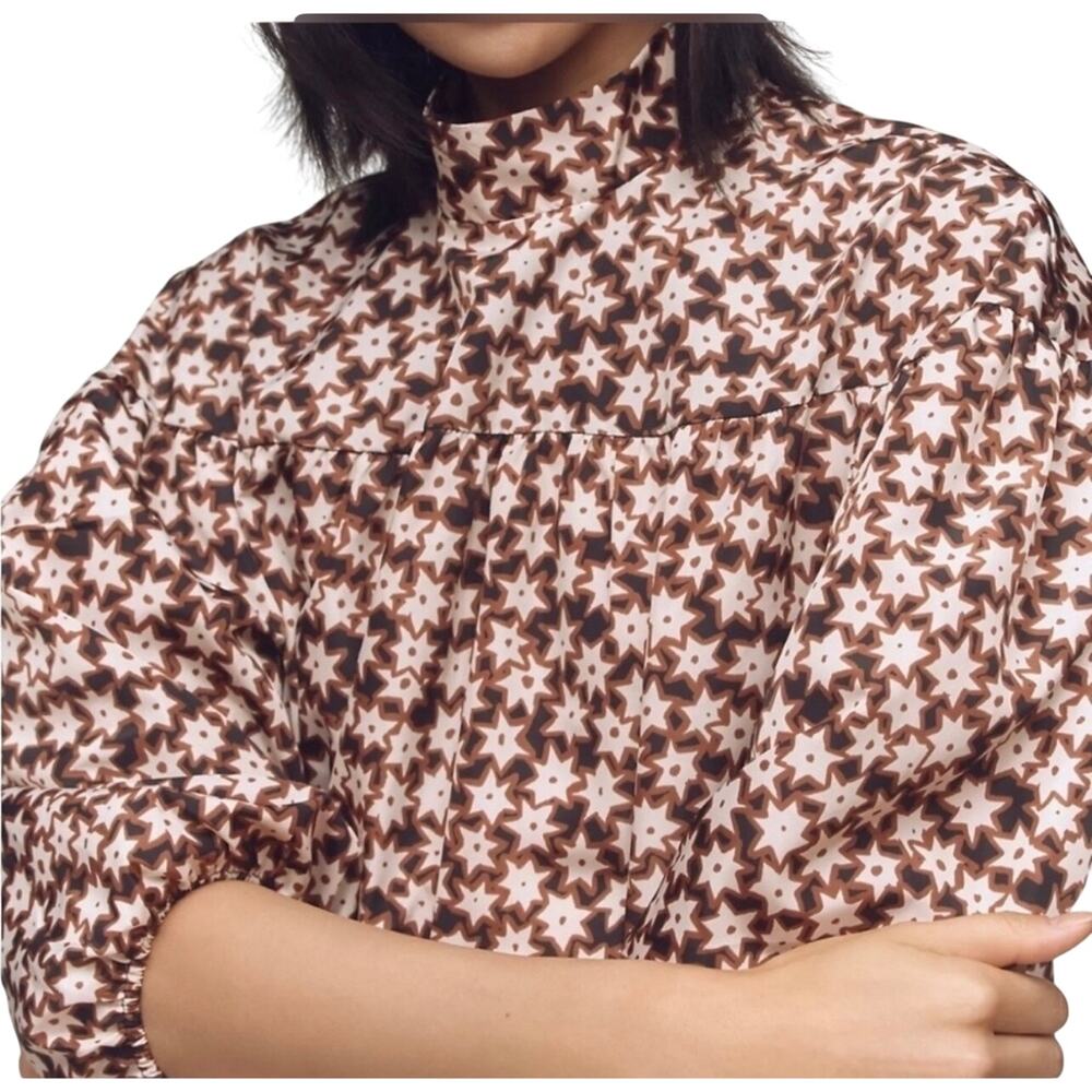 ANTHROPOLOGIE Women’s Brown Abstract Star Print Puff Sleeve Mini Dress - Picture 3 of 8